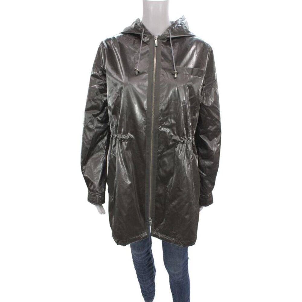 Jane Post Women Rain Coat Brown Zip Long Sleeve Polka Dot Size M